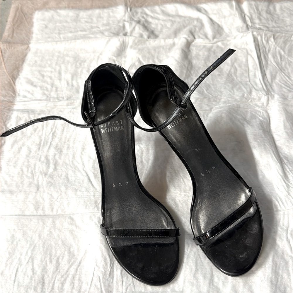 Stuart Weitzman Patent Leather Black Strappy Stilettos with Ankle Strap 6.5 M